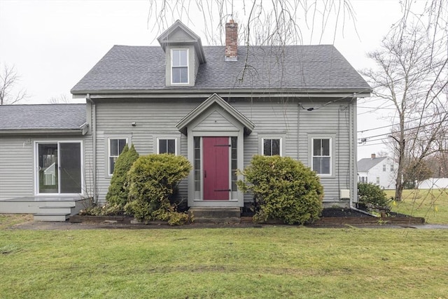 6 Nemasket St, Middleboro, MA 02346 - view of front facade with entry steps, a chimney, a shingled roof, and a front yard