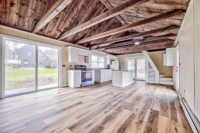 6 Nemasket St, Middleboro, MA 02346 - unfurnished living room with light wood-type flooring, a baseboard heating unit, french doors, lofted ceiling, and wood ceiling