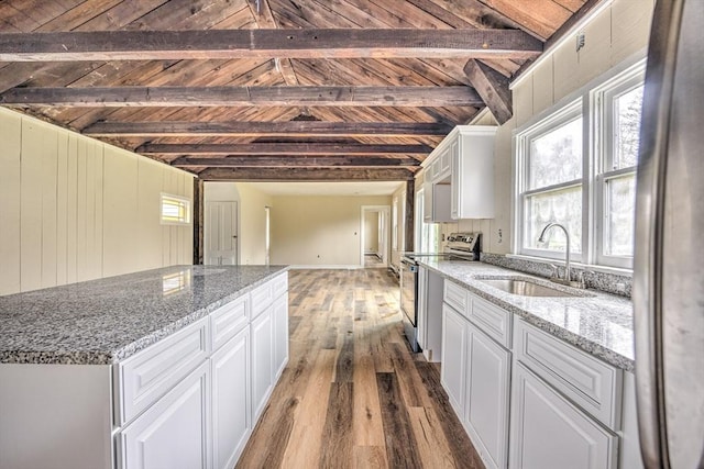 6 Nemasket St, Middleboro, MA 02346 - kitchen featuring a sink, wood ceiling, white cabinetry, wood finished floors, and stainless steel appliances