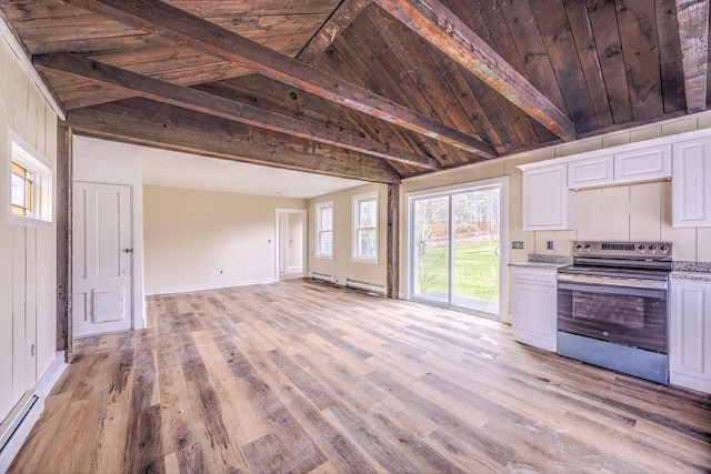 6 Nemasket St, Middleboro, MA 02346 - kitchen with white cabinets, light wood-type flooring, a baseboard heating unit, and stainless steel electric range