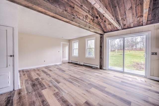 6 Nemasket St, Middleboro, MA 02346 - interior space with a baseboard radiator, light wood finished floors, baseboards, and wood ceiling