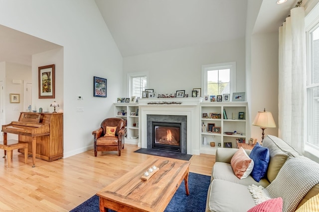 living room with high vaulted ceiling and light hardwood / wood-style floors