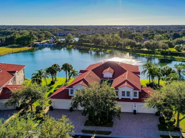 bird's eye view with a water view