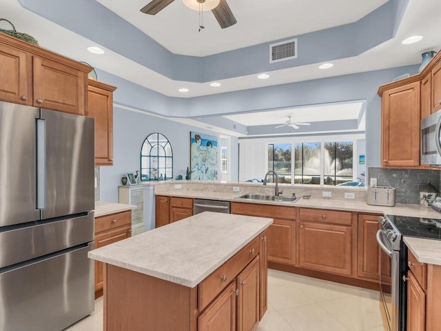 kitchen with a raised ceiling, a center island, sink, and stainless steel appliances