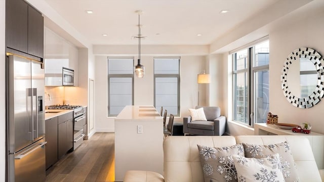 kitchen featuring plenty of natural light, premium appliances, dark hardwood / wood-style floors, and hanging light fixtures