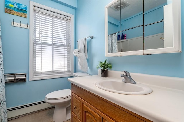 bathroom with a shower with shower curtain, baseboard heating, vanity, and toilet