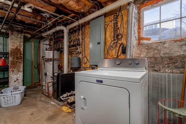 clothes washing area featuring electric panel, water heater, washer / dryer, a heating unit, and laundry area