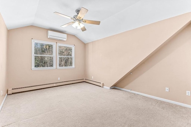 spare room featuring ceiling fan, vaulted ceiling, a wall mounted air conditioner, light carpet, and a baseboard radiator