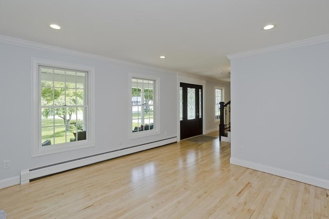 47 Avis Cir, Northampton, MA 01062 - foyer entrance featuring baseboard heating, crown molding, wood finished floors, recessed lighting, and baseboards