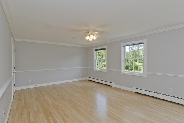 47 Avis Cir, Northampton, MA 01062 - empty room featuring baseboard heating, light wood-type flooring, a ceiling fan, crown molding, and baseboards