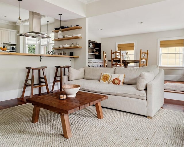 17 Rockview St Unit 1, Boston, MA 02130 - living room featuring ornamental molding, wood finished floors, and baseboards