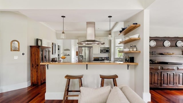17 Rockview St Unit 1, Boston, MA 02130 - kitchen featuring appliances with stainless steel finishes, island exhaust hood, open shelves, butcher block counters, and dark wood-type flooring