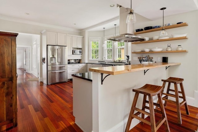17 Rockview St Unit 1, Boston, MA 02130 - kitchen with appliances with stainless steel finishes, a peninsula, dark wood-type flooring, a kitchen breakfast bar, and crown molding