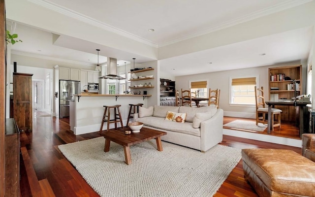 17 Rockview St Unit 1, Boston, MA 02130 - living area featuring dark wood-style flooring, baseboards, and ornamental molding