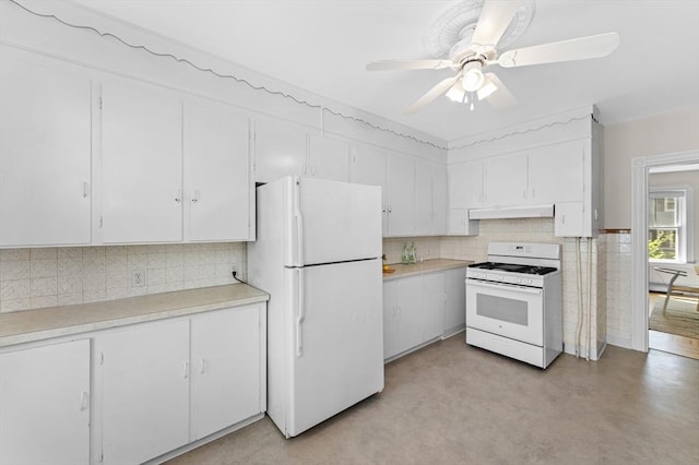 85 Holworthy Unit 85, Cambridge, MA 02138 - kitchen with white appliances, under cabinet range hood, backsplash, and ceiling fan