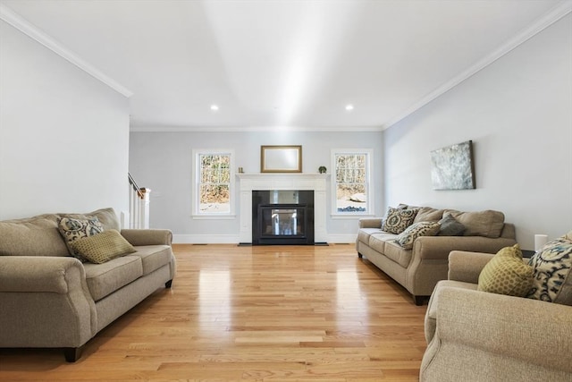 living room with crown molding and light hardwood / wood-style floors