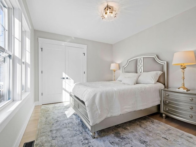 bedroom featuring dark hardwood / wood-style floors and a closet