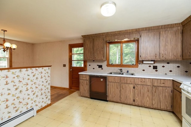 4 Morningside Dr, Beverly, MA 01915 - kitchen featuring dishwasher, baseboard heating, light floors, a sink, and a chandelier