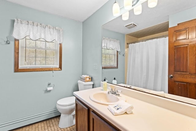 full bath featuring curtained shower, a baseboard radiator, toilet, vanity, and visible vents