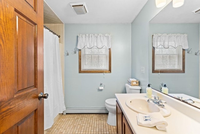 bathroom with visible vents, toilet, tile patterned flooring, baseboard heating, and vanity