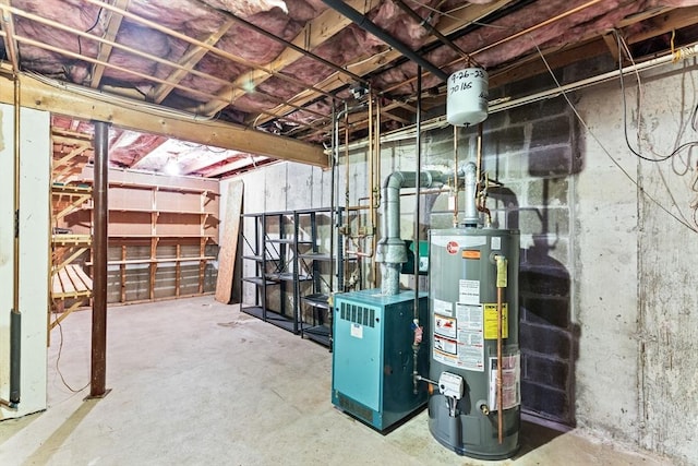 unfinished basement with water heater and a heating unit