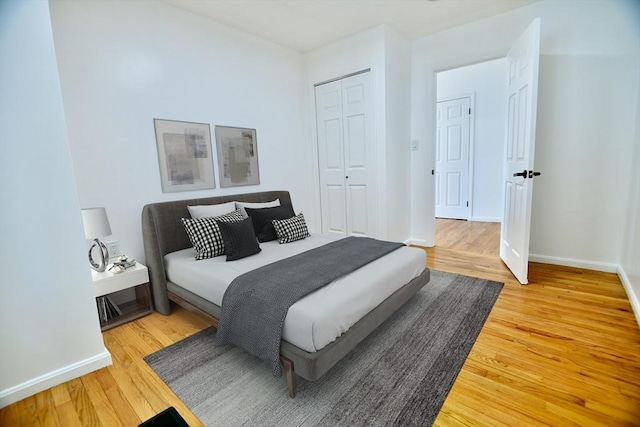 bedroom featuring wood-type flooring and a closet