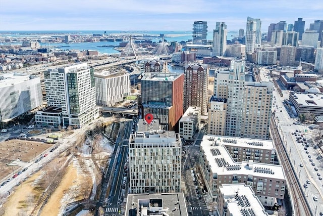 bird's eye view featuring a city view and a water view