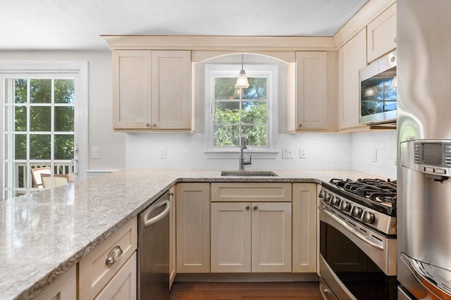 kitchen with sink, appliances with stainless steel finishes, dark hardwood / wood-style flooring, and backsplash