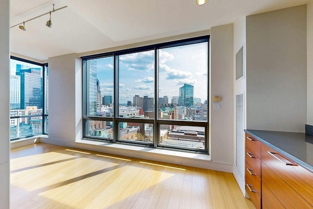 45 Province St Unit U1602, Boston, MA 02108 - empty room with track lighting, light wood-style floors, a view of skyline, and baseboards