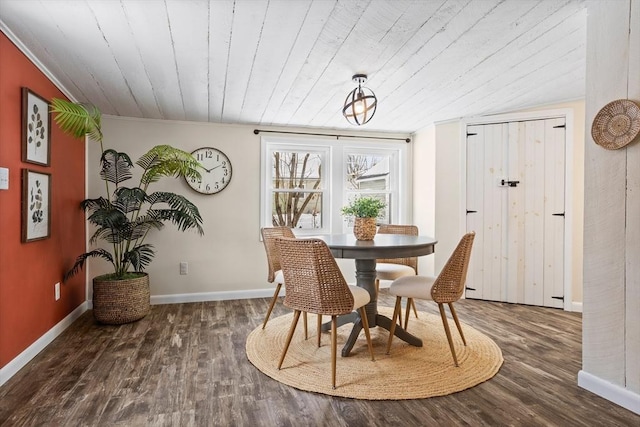 dining area featuring wood ceiling, baseboards, and dark wood finished floors