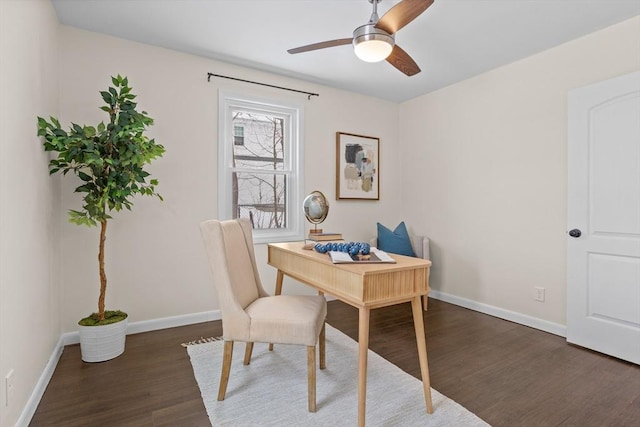 office with dark wood-style floors, ceiling fan, and baseboards