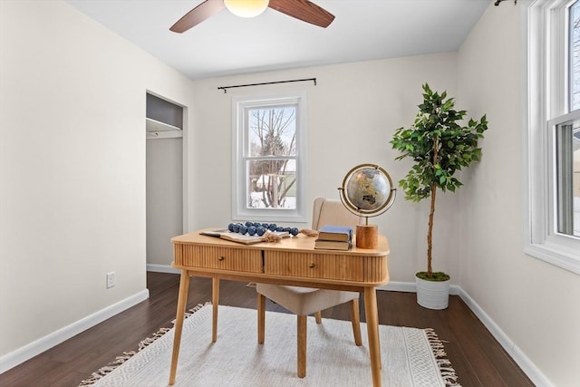 office space with ceiling fan, dark wood finished floors, and baseboards