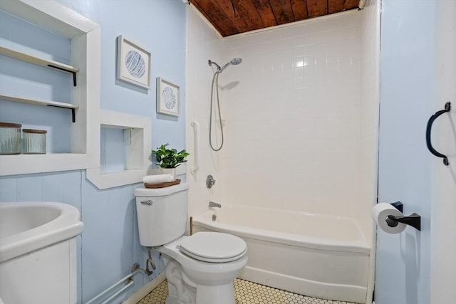 full bath with shower / washtub combination, wooden ceiling, and toilet