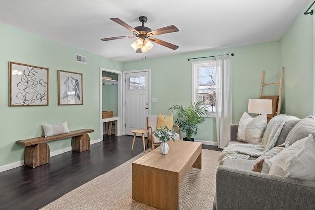 living area with baseboards, visible vents, ceiling fan, and dark wood-style flooring