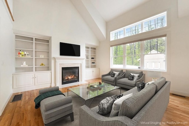 14 Chandler Ln, Amherst, NH 03031 - living area with a towering ceiling, wood finished floors, a glass covered fireplace, and built in shelves