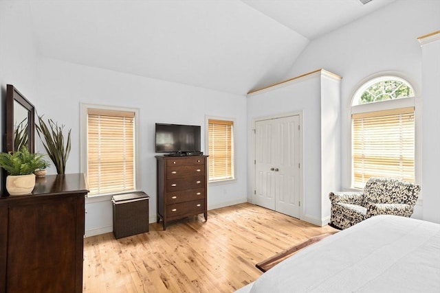 bedroom featuring vaulted ceiling, wood finished floors, and baseboards