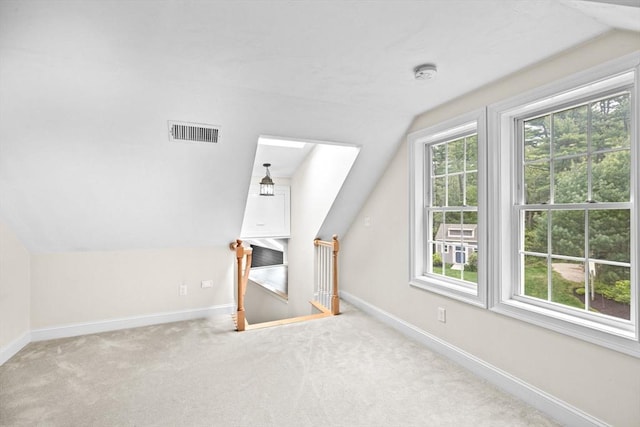 additional living space with vaulted ceiling, baseboards, and carpet