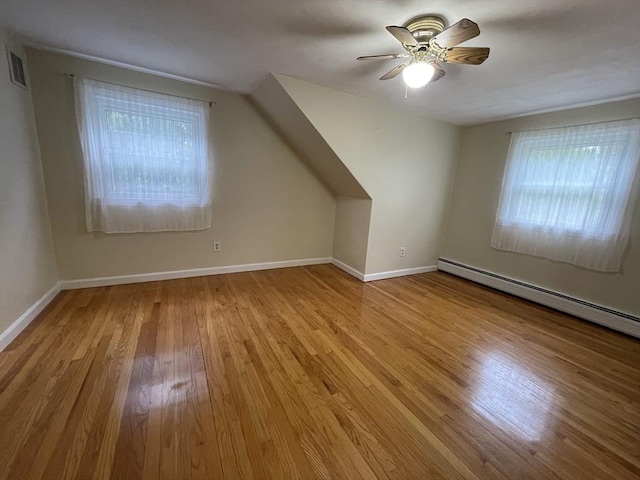 bonus room featuring plenty of natural light, wood finished floors, a ceiling fan, and a baseboard heating unit