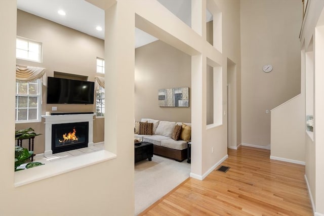 41 Edward Dr Unit 41, Grafton, MA 01536 - living area with a towering ceiling, healthy amount of natural light, wood finished floors, a glass covered fireplace, and recessed lighting