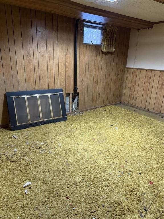 basement featuring wood walls