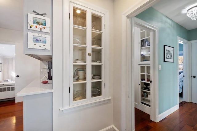 doorway to outside with dark wood-type flooring and radiator heating unit