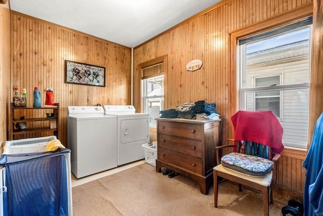 clothes washing area with laundry area, carpet flooring, and independent washer and dryer