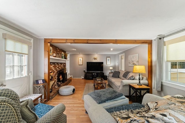 1 Redgate Ln, Holden, MA 01520 - living area with light wood-type flooring, a fireplace, and ornamental molding