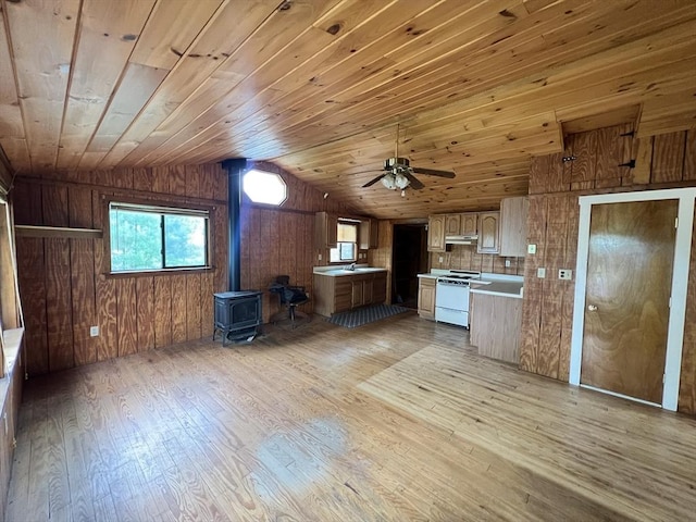 11 Summit Ave, Lakeville, MA 02347 - kitchen with white range oven, a wood stove, light wood-style floors, vaulted ceiling, and light countertops