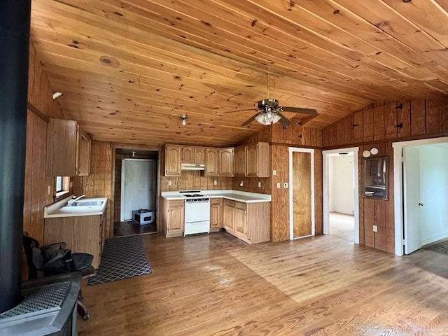 11 Summit Ave, Lakeville, MA 02347 - kitchen featuring white range with gas stovetop, a wood stove, vaulted ceiling, under cabinet range hood, and light countertops