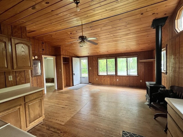 11 Summit Ave, Lakeville, MA 02347 - unfurnished office featuring a wood stove, wooden walls, hardwood / wood-style flooring, wooden ceiling, and ceiling fan