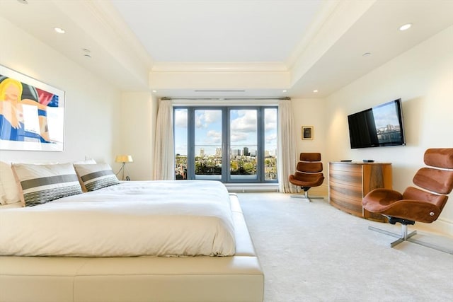 776 Boylston Unit E9C, Boston, MA 02199 - bedroom featuring carpet flooring, ornamental molding, a raised ceiling, and recessed lighting