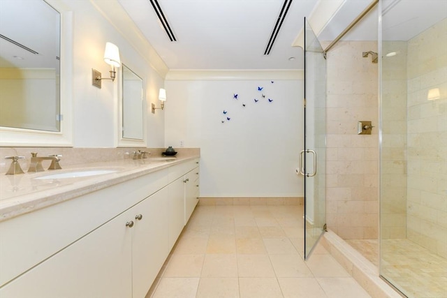 776 Boylston Unit E9C, Boston, MA 02199 - bathroom with double vanity, a stall shower, and tile patterned floors