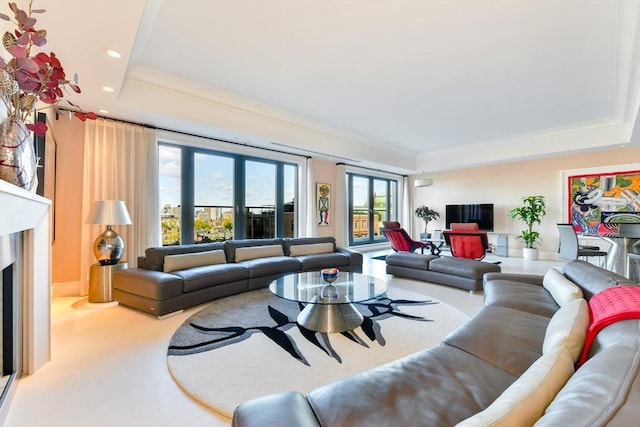 776 Boylston Unit E9C, Boston, MA 02199 - living room featuring a raised ceiling, recessed lighting, ornamental molding, and a fireplace