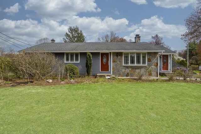90 Westwood Ave, East Longmeadow, MA 01028 - single story home with a front lawn, stone siding, and a chimney